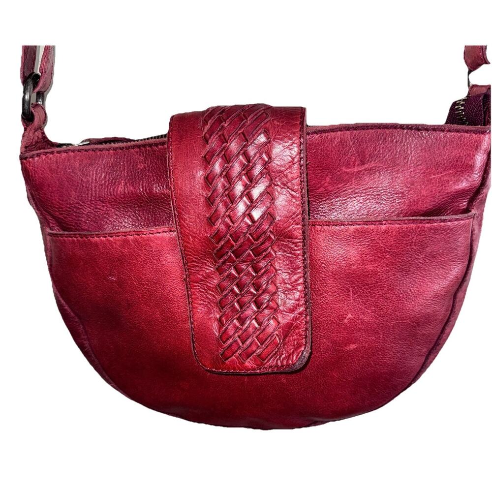 Vilenca Genuine Leather Dark Red Adjustable Crossbody Woven Flap